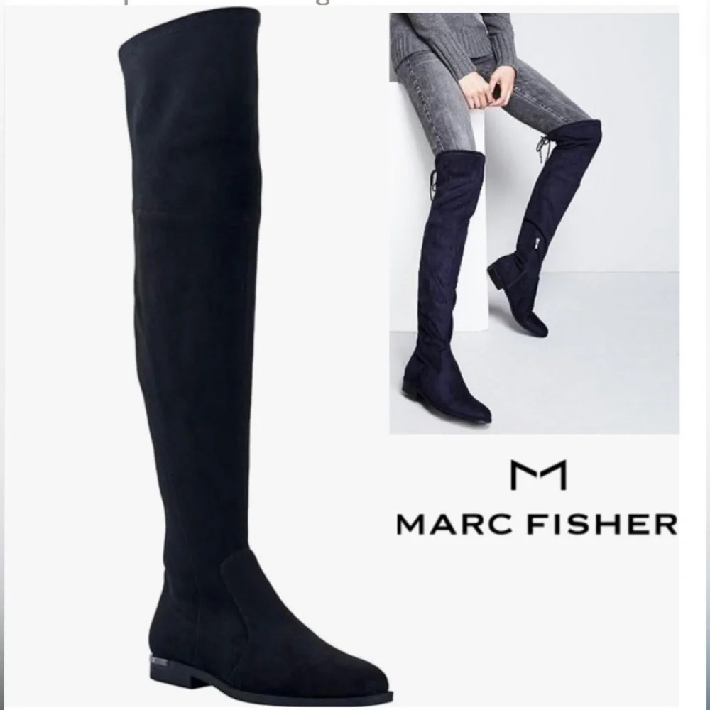 Marc Fisher Renn Black Over-the-Knee Faux Suede Flat Boots Sz 5 BNWOB